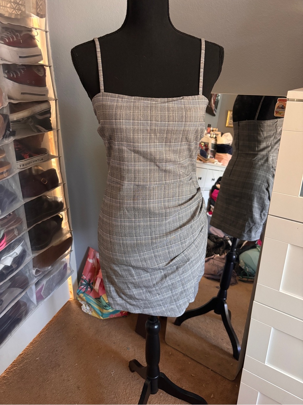 Windsor Gray Plaid Bodycon Mini Dress with Spaghetti Straps